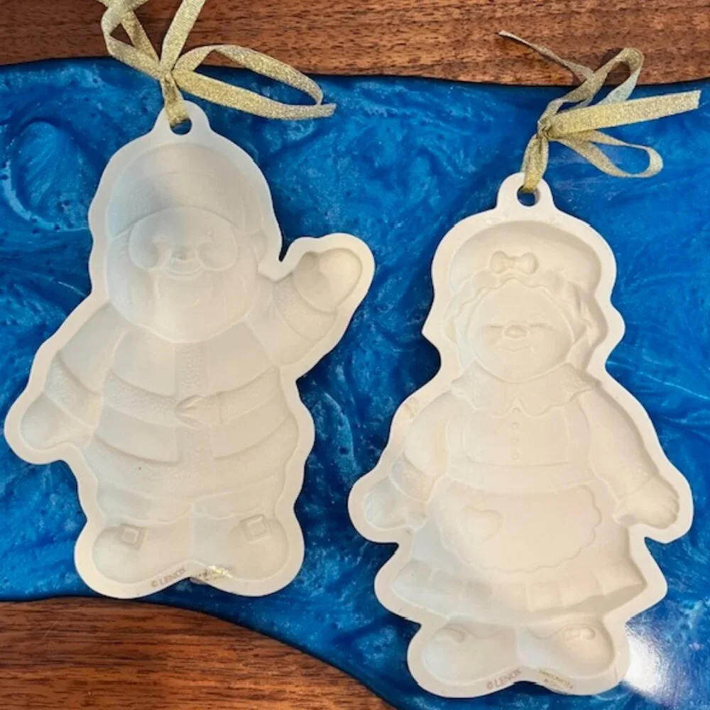Set of Lenox Ceramic Santa & Mrs Claus Cookie Mold Ornaments
